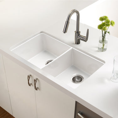 Houzer Platus 32 inch White Fireclay Undermount 50/50 Double Bowl Kitchen Sink